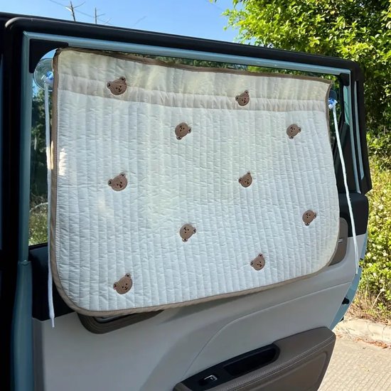 Foto: Ultiluxe auto zonnescherm met beertjes beige bruin bruine rand zon licht bescherming met trekkoord en zuignappen kinderen en baby s uv protectie zonwering voor zijruit zonwerend verduisteringsgordijn schaduwdoek
