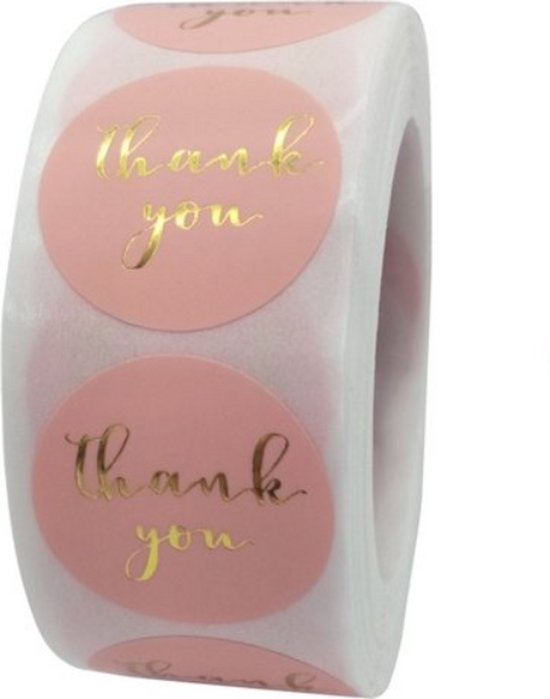 Stickers 'Thank you' bedrijf stickers - roze - hobby - webshop - bestellingen - kaart - stickers - bedankt stickers -  Huwelijk - Babyshower - Kraamfeest - Kerst – sinterklaas - goudkleurig -  rond - 500 stuks - op rol
