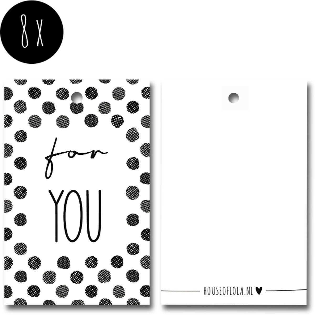 8x Label / Kaartje van karton / Cadeaulabels / Labels | FOR YOU | 85 x 55 mm | wit & zwart