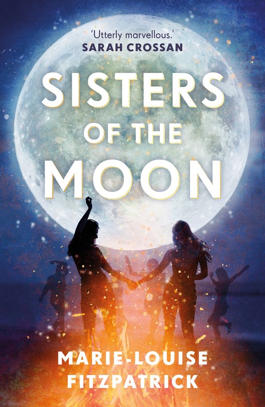 Boek 'Sisters of the Moon' met een volle maan, dansende silhouetten en een vuur.