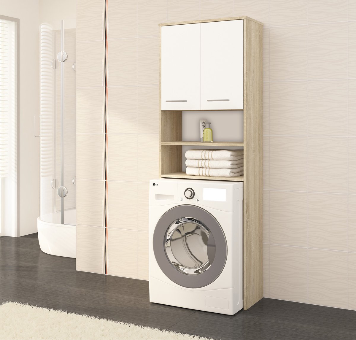 Badkamerkast voor Wasmachine FIN / Hoge Wasmachinekast met 2 Deuren / AKORD Furniture Factory / Sonoma Eik - Wit / 64 x 180 x 30 cm — afbeelding 2