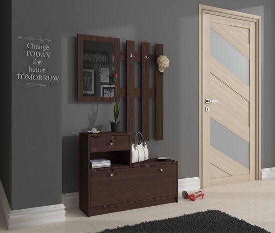 Ensemble de meubles muraux pour le hall, Design Classique , Couleur wengé, Miroir inclus, Deux éléments, 90x170x25 cm, Porte et tiroir, A monter soi-même, Max. 5 paires de Chaussures pour femmes, Perfect pour les entrées modernes