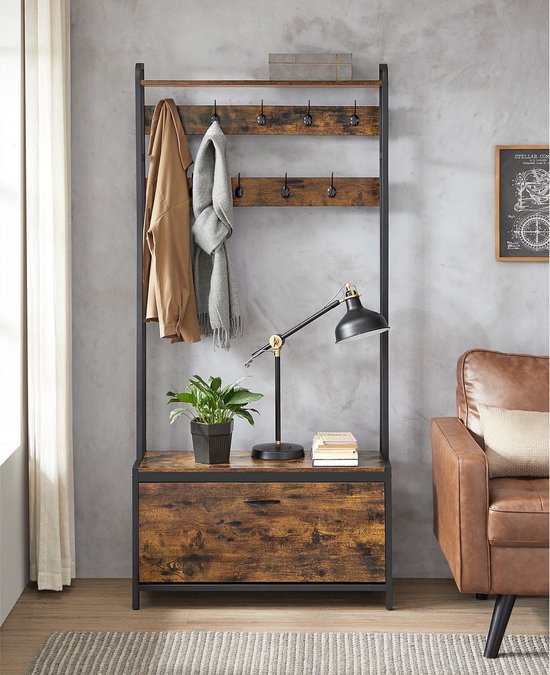Foto: Vasagle kapstok met schoenenkast kapstok met bank kledingrek schoenenrek 9 haken bovenste plank voor hal slaapkamer industrieel design vintage bruin zwart
