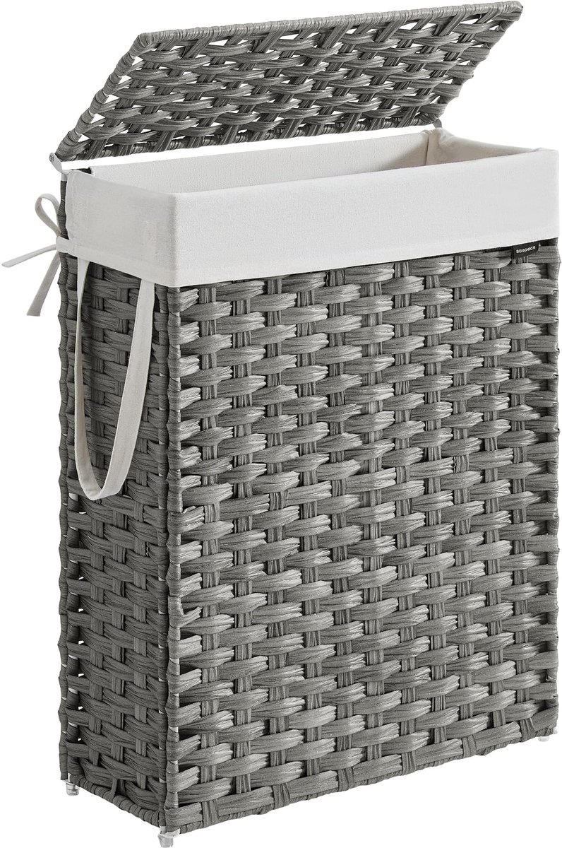 SONGMICS smalle wasmand, wasmand 55 L, wasbox van synthetisch rotan, met deksel en handgrepen, gevlochten, opvouwbaar, afneembare waszak, wasruimte duifgrijs LCB164G01