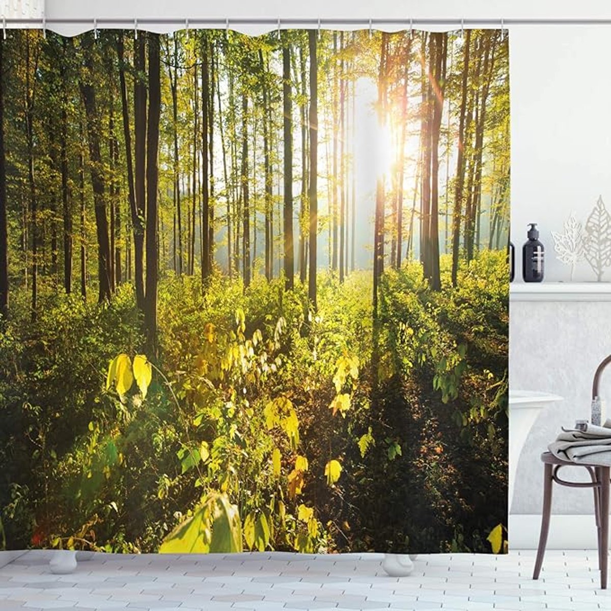 Floraweg Douchegordijn,Shower Curtain,badgordijn,badkamergordijn,Groene jungle,bos,bomenbos, digitale printen -Anti Schimmel - Inclusief 12 ringen – Waterdicht -Wasbaar- Polyester - 180x200 cm