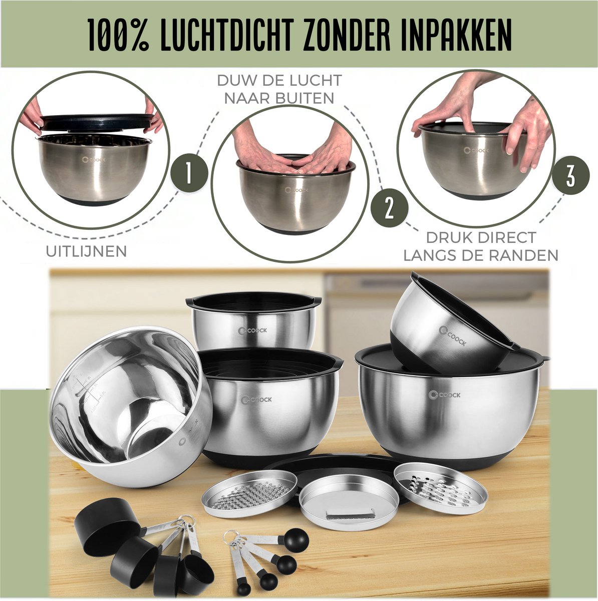 QualitéCuisine | Mengkommen - 7-Delige Set - Beslagkom - Mengkom Met Deksel Mengkommen Voor Beslag Salade Beslagkommen Rvs