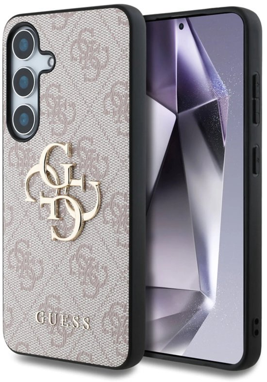 Coque Guess rose avec imprimé monogramme et logo 4G doré, à côté d'un smartphone.