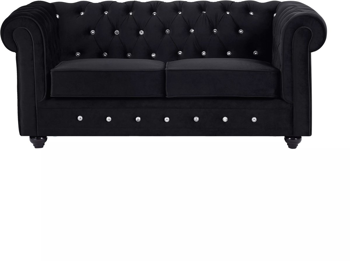 Vente-unique Tweezitsbank van zwart velours en knopen met kristaleffect CHESTERFIELD