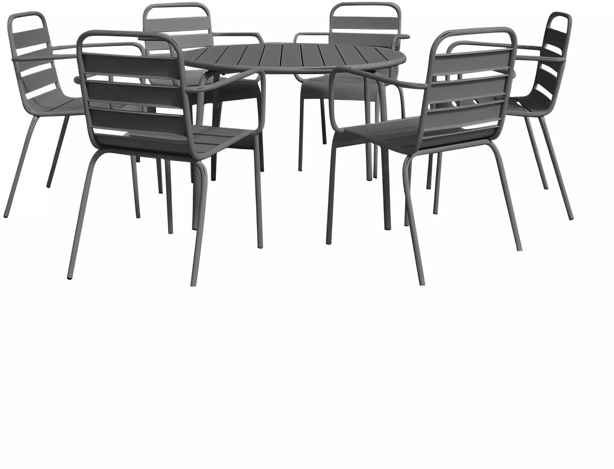 MYLIA Tuineethoek van metaal - Een ronde tafel D130 cm en 6 opstapelbare fauteuils - Donkergrijs - MIRMANDE van MYLIA L 130 cm x H 79 cm x D 130 cm