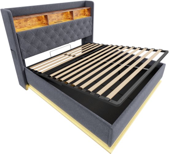 Gestoffeerd opbergbed - 160 x 200 cm - met USB Type C stopcontact en LED's - lattenbodem - kleur