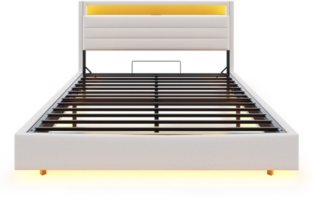 GOTAGEE Gestoffeerd bed 140x200 cm, hydraulisch zwevend bedframe met opbergruimte, met USB-aansluiting en LED-verlichting, omkeerbaar hoofdbord, linnen, beige(zonder matras)