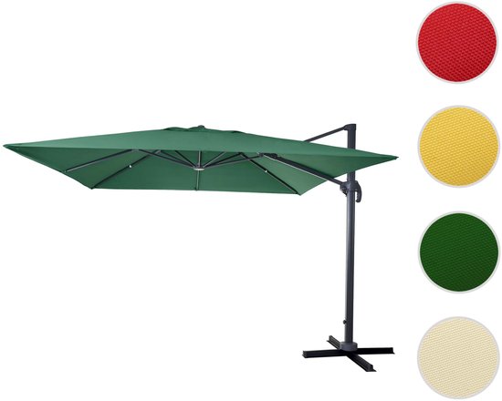 Donkergroene zweefparasol met vierkante kap op een donker frame en vier kleurstalen (rood, geel, donkergroen, crème).