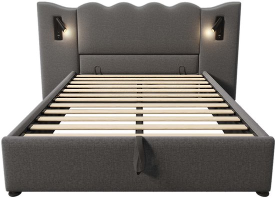 Dolamaní Gestoffeerd bed, 160 x 200 cm, grijs, bed met laden, tweepersoonsbed bedframe, lattenbodem van hout, voor jongeren en volwassenen, zonder matras