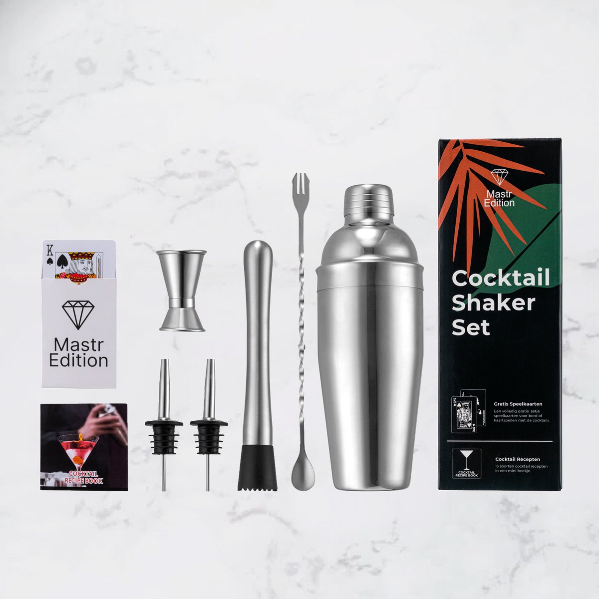 Mastr Edition Cocktail Set - Cocktail shaker set 8 delig - Mix drank - Cocktailshaker 750ml - Zilver - RVS - Vaatwasser bestendig - Cocktail accessoires - Cocktail receptboekje - Gratis spel kaarten — afbeelding 3