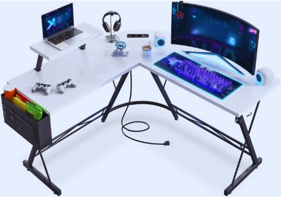 Gamingtafel Computertafel met 2 Stopcontacten en 2 USB-oplaadaansluitingen - Gamingbureau met Ronde Hoek en Monitorplank, 127 x 127 cm, Wit