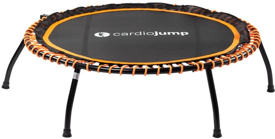 Cardiojump fitnesstrampoline met zwart mat, zwarte poten en oranje rand.