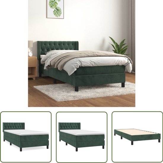vidaXL Boxspring Fluweel Donkergroen 90x200 cm Boxspringbed - Fluweel Bed - Donkere Groene Bed - Tweepersoons Bed - Pocketed Veren Matras