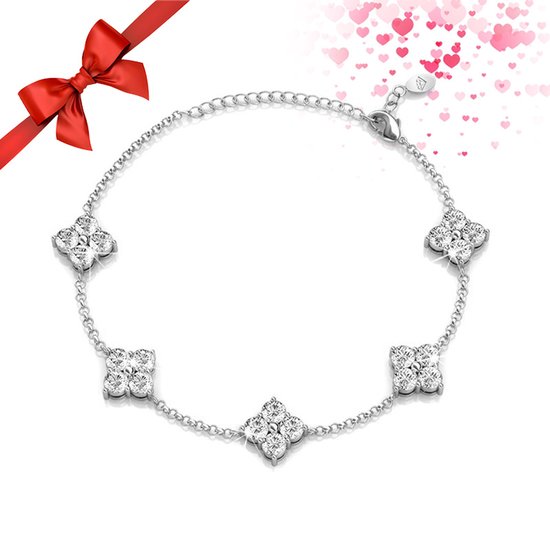 Shoplace ® - Bracelet trèfle femme avec cristaux Swarovski - Plaqué or blanc 18 carats - Bracelet Swarovski - Coffret cadeau - ⌀ 20cm - Argent