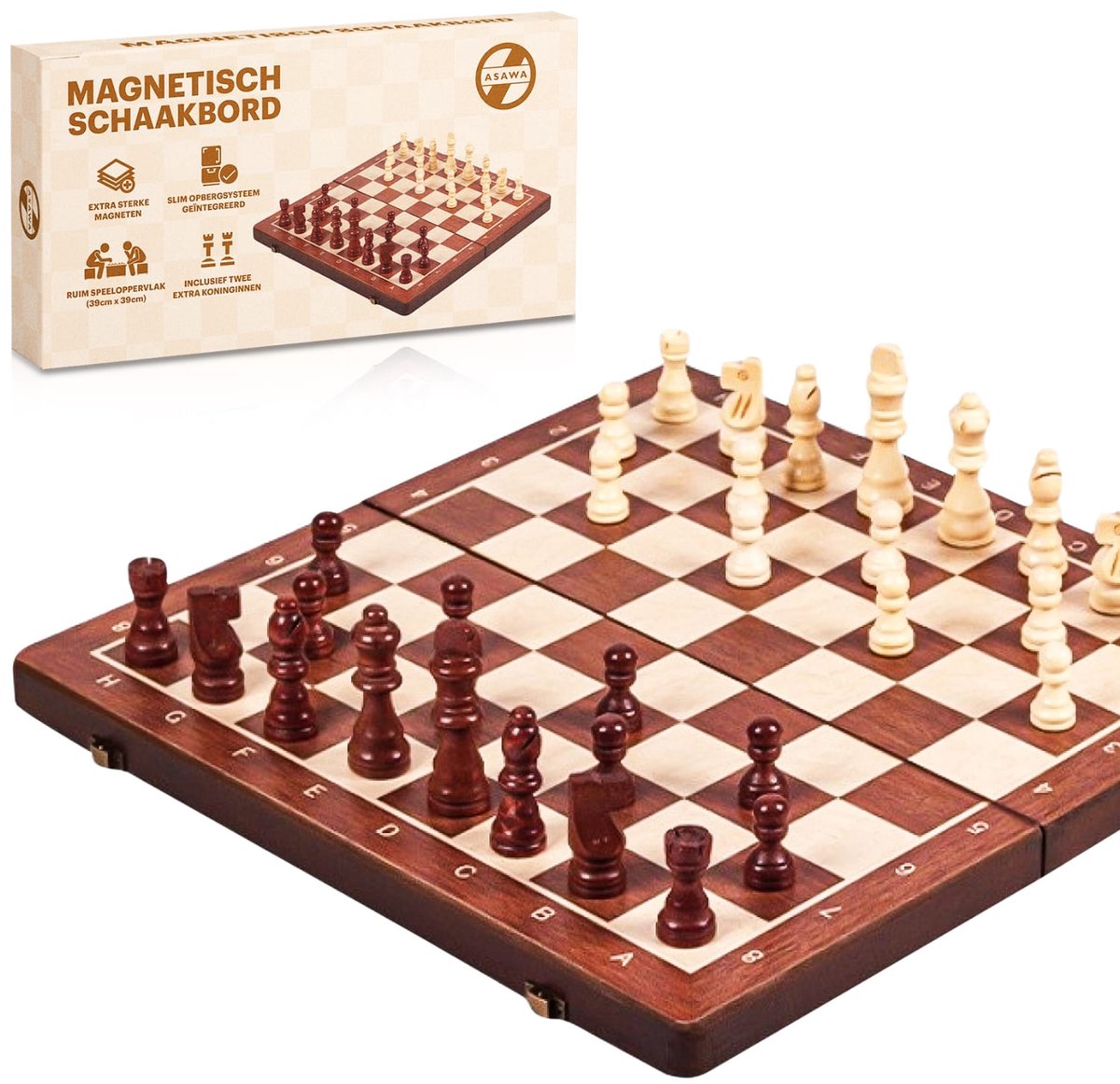 Asawa Schaakbord - Schaakspel XL met Schaakstukken - Chess - Magnetisch - Schaakset voor Schaken - 39x39cm - 2 Extra Koninginnen — afbeelding 3