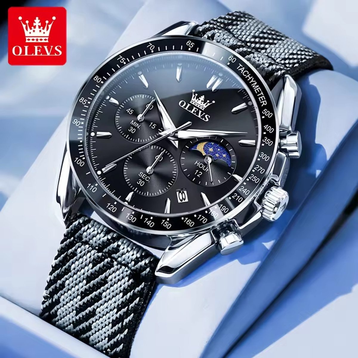 HO-3630.z-zw : Olevs zilverkl edelstaal horloge, chronografisch, tachymeter, zwarte wijzerplaat, seconden  minuten  uur-maanfase aanduiding