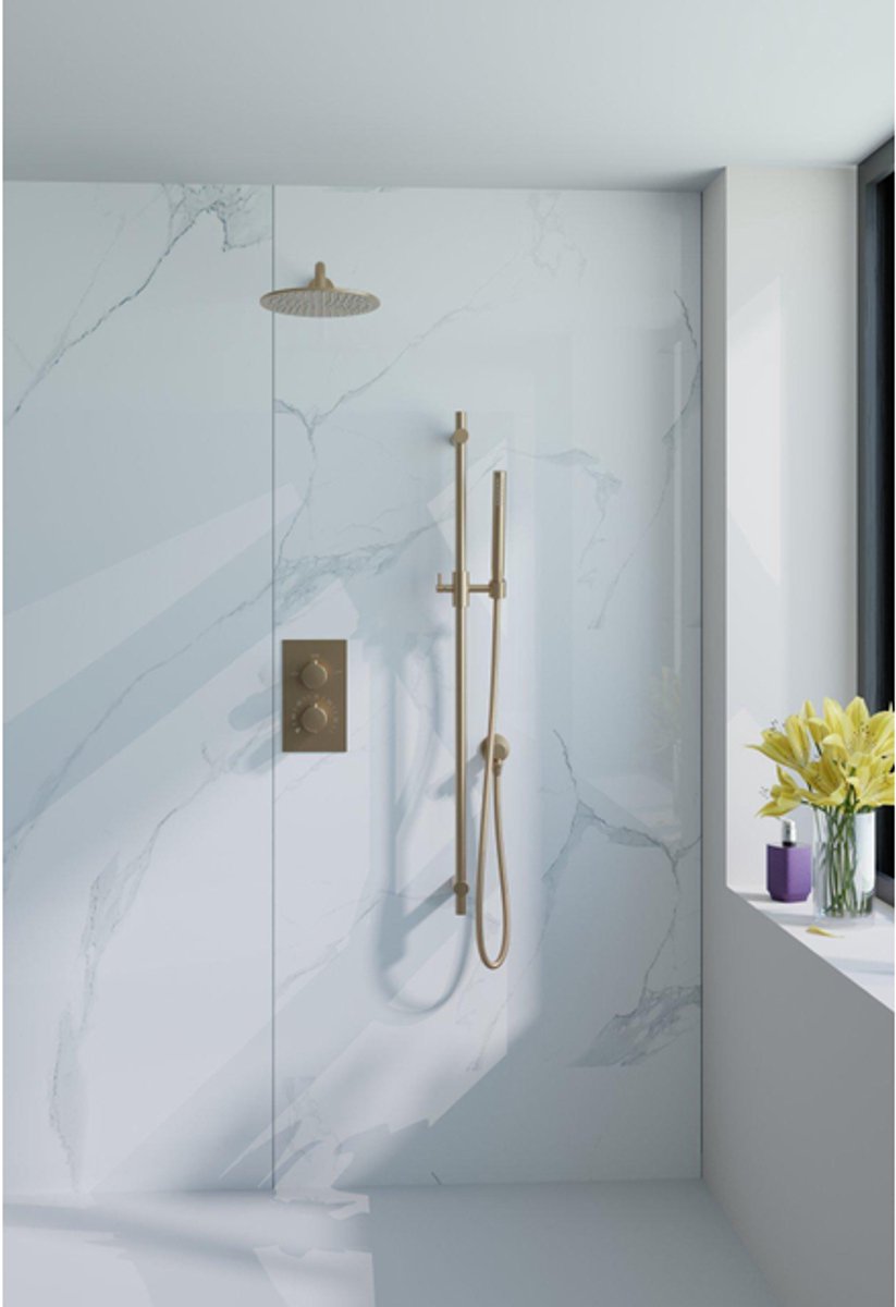 Fortifura Calvi Inbouw Regendoucheset - thermostatisch - wandarm - glijstang - 25cm hoofddouche - staaf handdouche - gladde doucheslang - Geborsteld Messing PVD (Goud)