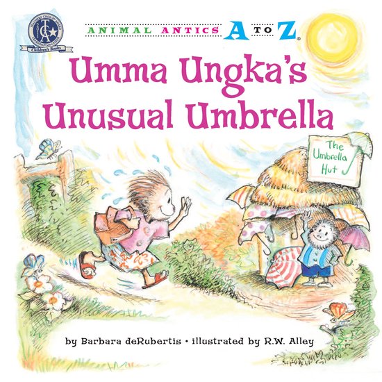 Boekomslag van 'Umma Ungka's Unusual Umbrella'. Een meisje rent langs een hut met parasols, in een illustratie van R.W. Alley.