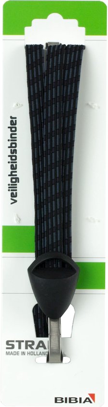 Zwarte snelbinder met grijze strepen en een zwarte haak. "veiligheidsbinder" en "STRA" op de verpakking.