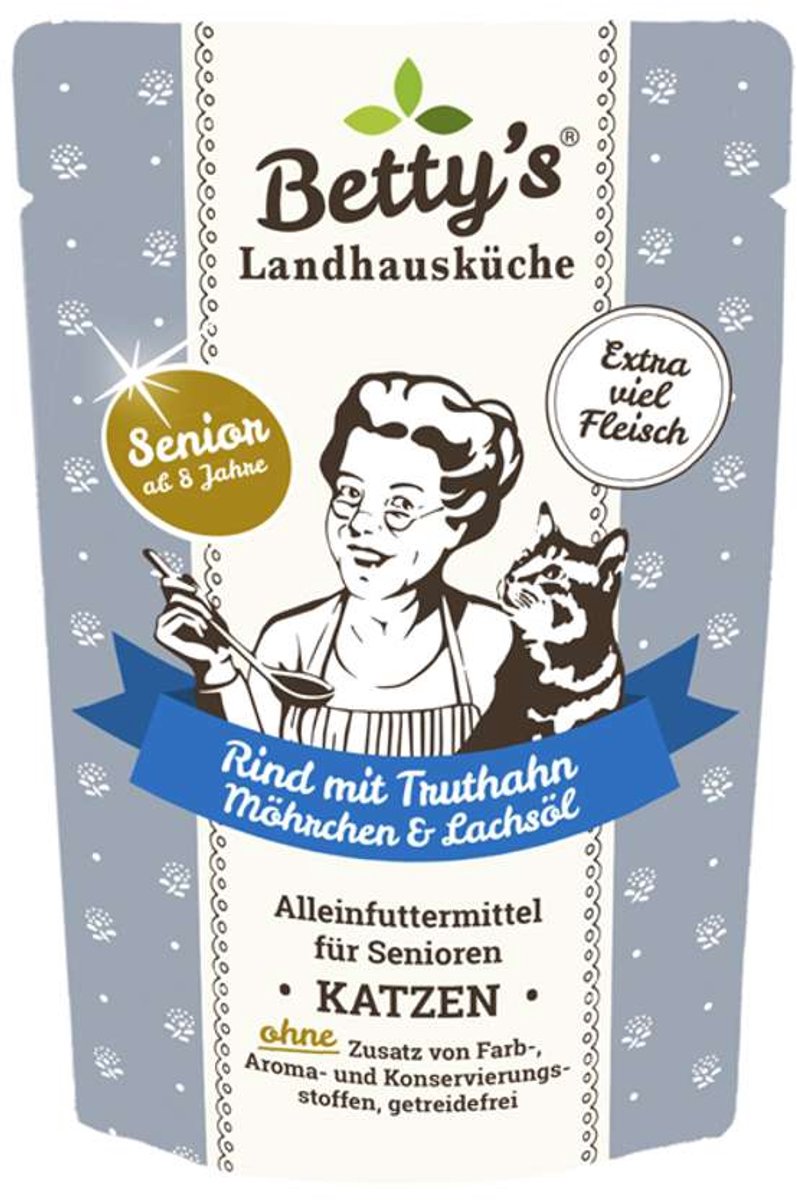 Betty's Landhausküche Cat Senior - Zakje 12x100g - Rundvlees, kalkoen, wortels & zalmolie