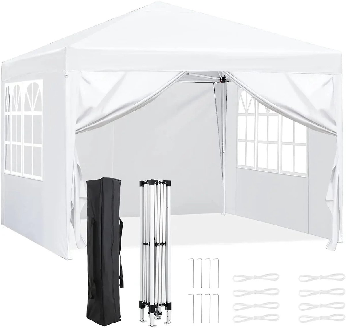 Partytent Opvouwbaar - Tuinpaviljoen - Easy Up Partytent - 3x3m - Pop Up Canopy - Zijwanden – Outdoor Winter Gazebo – Verstelbare - Hoogte Poten – Ramen - Draagtas - UV - Bescherming - Wit