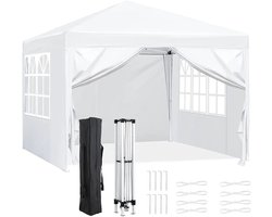 Partytent Opvouwbaar - Tuinpaviljoen - Easy Up Partytent - 3x3m - Pop Up Canopy - Zijwanden – Outdoor Winter Gazebo – Verstelbare - Hoogte Poten – Ramen - Draagtas - UV - Bescherming - Wit