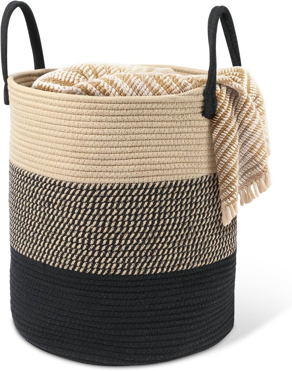 Wasmand, gevlochten van katoen, 45 liter, wasverzamelaar met handvat, gevlochten wassorteerder, wasmand voor waskamer, kinderkamer, badkamer (35 x 40 cm) (beige / zwart)