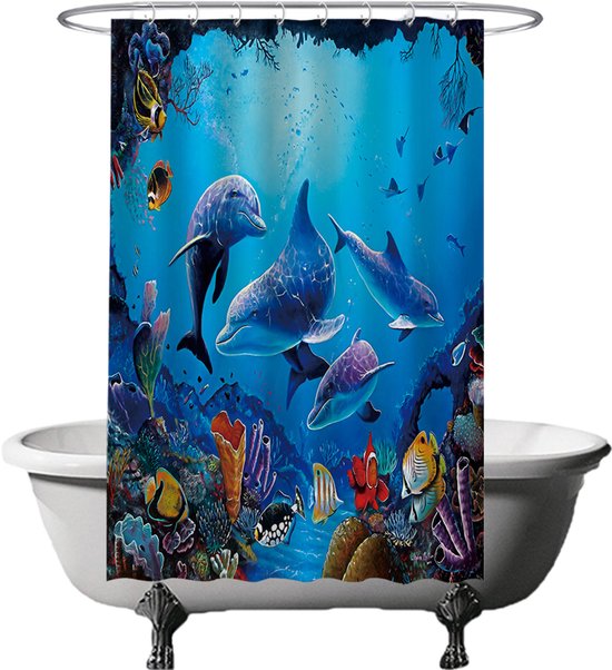 SMchwbc Oceaan dolfijn douchegordijn 180x180 180x200 dolfijn vis blauw strand douchegordijnen set polyester dolfijnen planten douchegordijnen badkamer tapijt 4-delige set (180 x 200 cm (b x h), 10