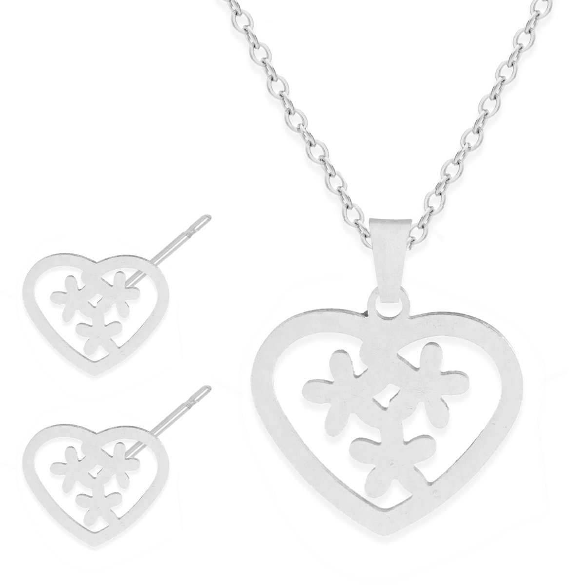 Cadeau Ketting & Oorbellen set met Hartje & Bloemen - Roestvrij Staal - Zilverkleurig - Cadeau Sieraad op Kaartje - Pax Amare