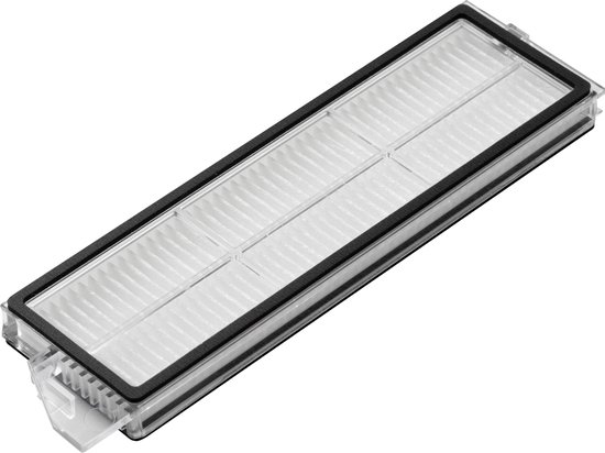 Rechthoekig wit filter met zwarte rand, met transparante plastic clip aan de zijkant.