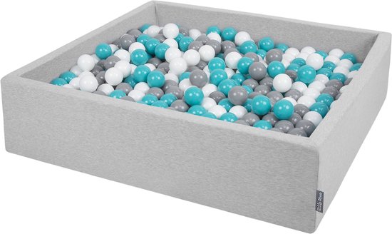 KiddyMoon piscine à balles carrée piscine à balles 120x30cm/600 balles ∅ 7cm piscine à balles carrée pour bébé, piscine de jeu pour tout-petits, fabriquée dans l'UE, gris clair: gris-blanc-turquoise