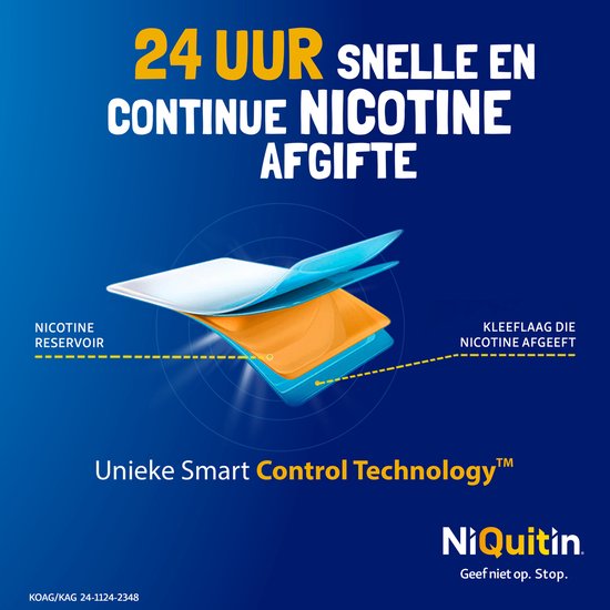 Gedetailleerde illustratie van een Nicotine Reservoir en kleeflaag die nicotine afgeeft. Unieke Smart Control Technology.