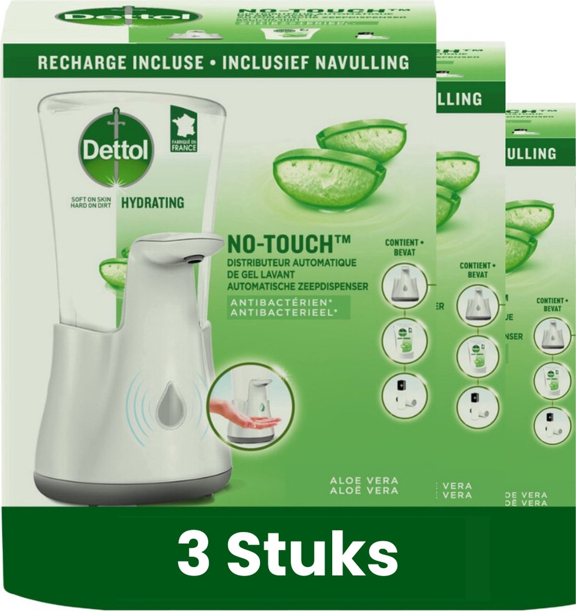 Goedkoopste Dettol - Automatische Zeepdispenser No Touch & 3x250ml Handzeep No Touch Navulling - Aloe Vera- Voordeelverpakking 3 stuks