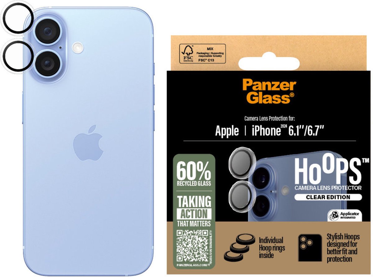 PanzerGlass Screenprotector geschikt voor Apple iPhone 16 Plus Glazen | PanzerGlass Hoops Camera Lens Protector - Case Friendly