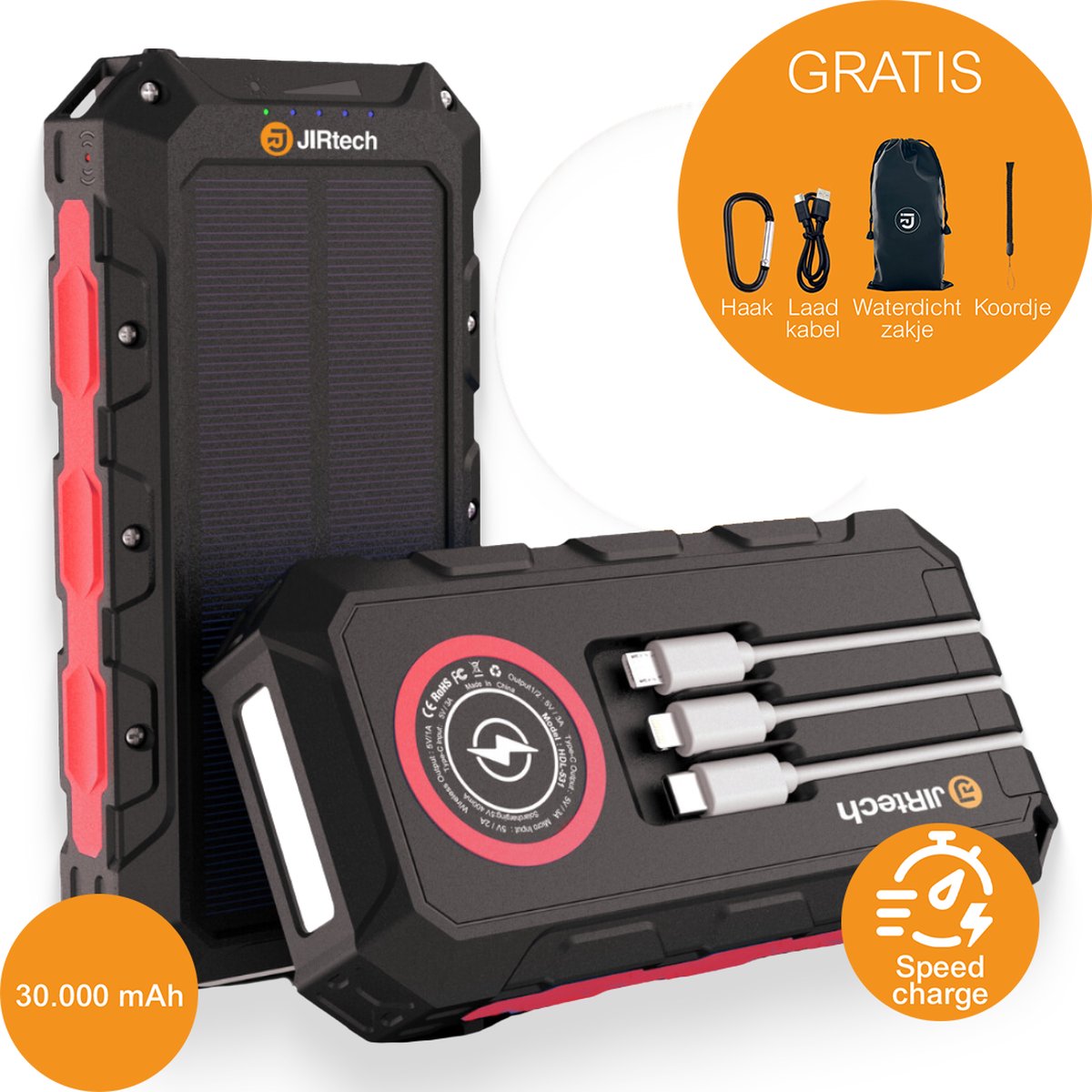 Bol.com JIR Tech® - Solar Powerbank 30 000 mAh - Ingebouwde kabels - Solar Charger - Powerbank Zonneenergie - Draadloos opladen ... aanbieding