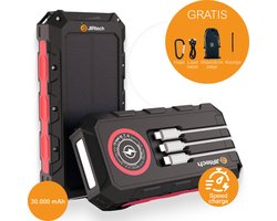 JIR Tech® - Solar Powerbank 30 000 mAh - Ingebouwde kabels - Solar Charger - Powerbank Zonneenergie - Draadloos opladen - Wireless charger - Snellaadfunctie - Snel Laden - Rood - Usb C - Noodpakket - Zaklamp - Meerdere Apparaten