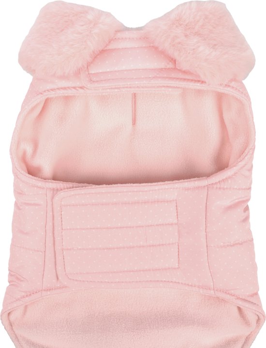 Binnenkant van roze hondenjas met klittenbandsluiting en zachte fleece voering.