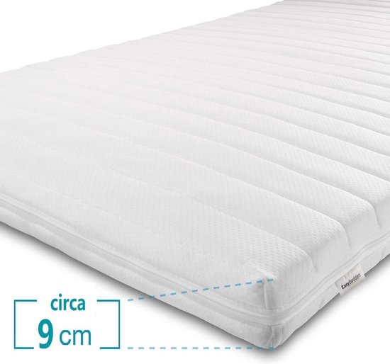Surmatelas blanc d'environ 9 cm d'épaisseur avec côtes horizontales et fermeture éclair. Easy Bedden.