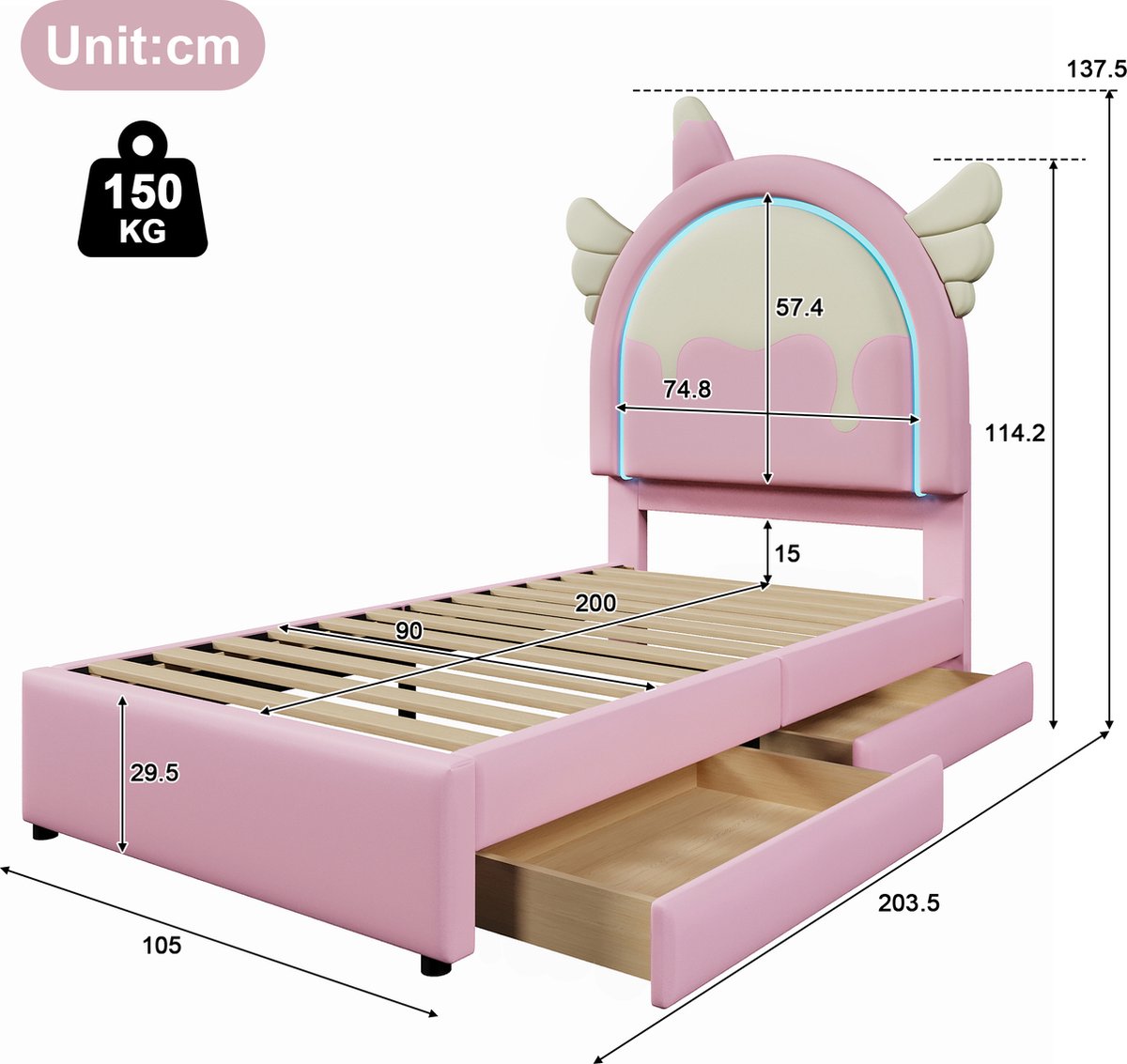Gutent Kinderbed-90 x 200 cm-Zonder matras-met-licht-2 laden-Roze-Unicorn-look-PU — cadeau in Cadeau-ideeën - foto 3