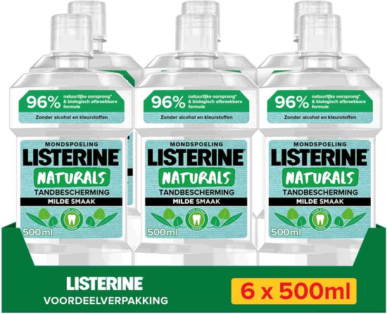 Listerine Naturals Tandbescherming mondwater met milde muntsmaak, zonder alcohol, met essentiële fluoride en biologisch afbreekbare formule, 6x500ml
