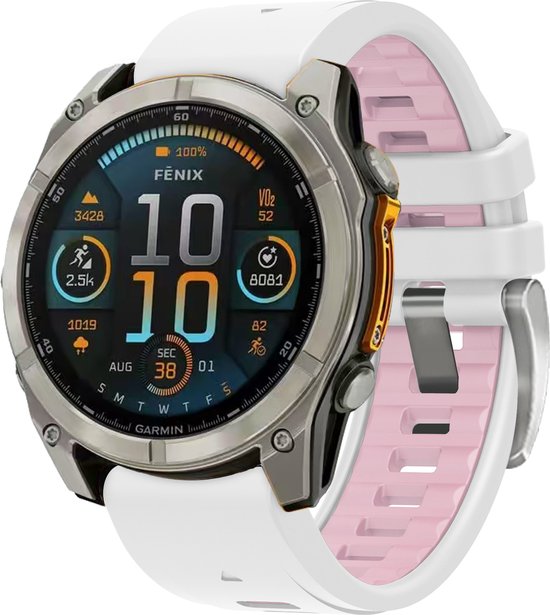 FFO2World Dubbelkleurige Siliconen Band in Fenix 8 Stijl - QuickFit 20mm - Zilver-Wit/Roze - Voor Garmin Fenix8 43MM/7S/7S pro/7S Solar/7S Sapphire Solar/6S/6S Pro/5S/5S Plus/instinct 2S/descent mk3 43mm/descent mk3i 43mm/Epix Pro 42MM