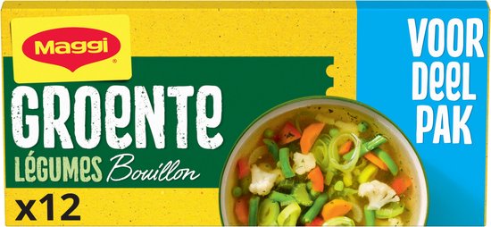 Maggi Groente L&eacute;gumes Bouillon, 12 tabletten, vegetarisch vriendelijk, met een pan gevuld met groentenbouillon.