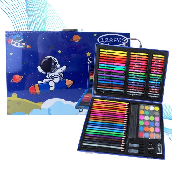 All Trendy Goods® Boîte à Dessin Astro pour Enfants - Ensemble de Dessin - Magnifique étui de Couleurs - avec 128 pièces - Convient aux Enfants et aux Adultes - Blauw