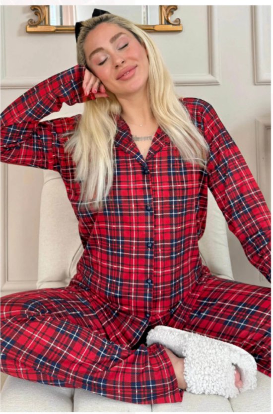 iClosam Pyjama voor dames, lange pyjamaset, winter, katoen, V-hals, tweedelige nachtkleding, lange mouwen, slaapkleding en geruite pyjamabroek, loungewear, vrijetijdspak, lila 2, M