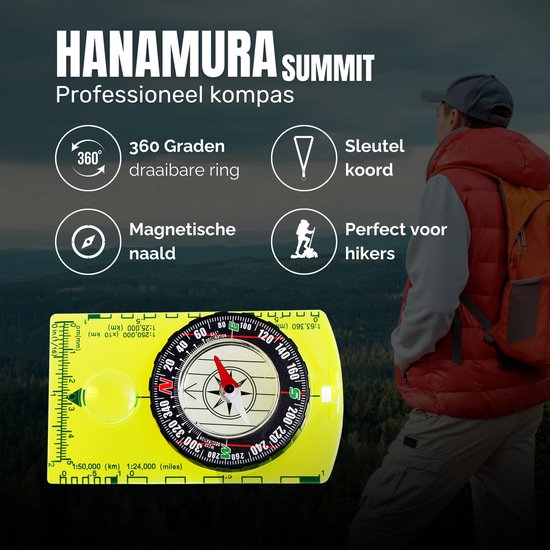 Gele Hanamura Summit professioneel kompas met 360° ring, magnetische naald en schalen. Perfect voor hikers.