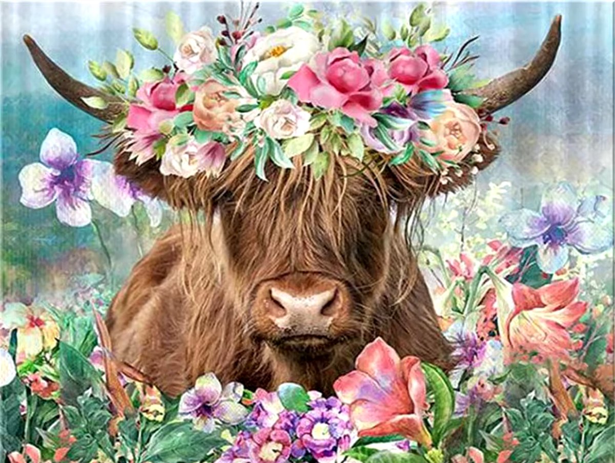Buffel met bloemen 40x50 - Diamond painting - compleet pakket - volledig beplakt - vierkante steentjes